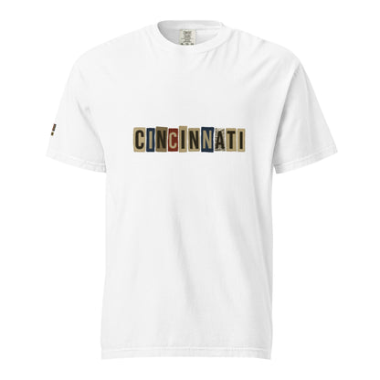 White Cincinnati-Unisex garment-dyed heavyweight t-shirt with multicolor block letter logo on front