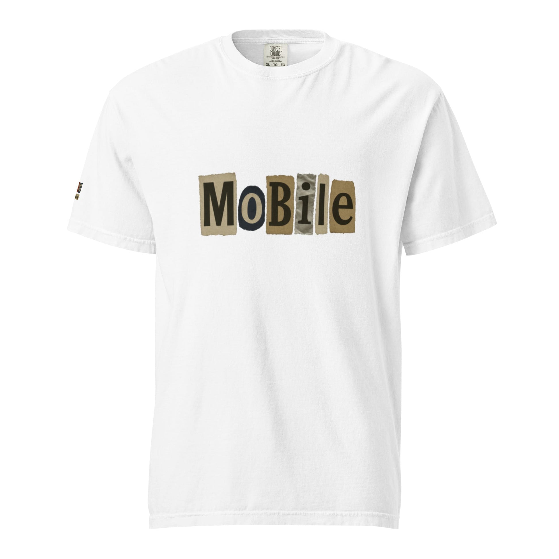 Mobile-Unisex garment-dyed heavyweight white t-shirt with "Mobile" text design, 100% ring-spun cotton, breathable and durable fabric.