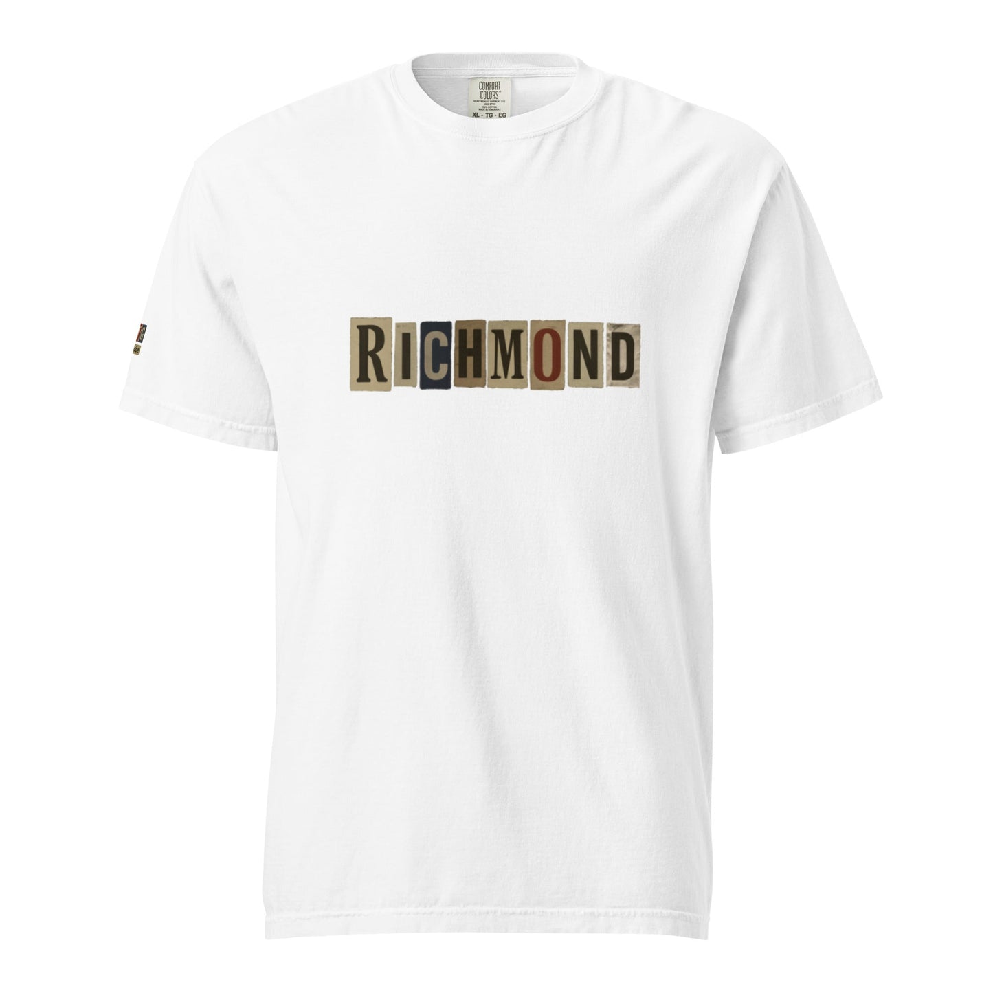 Richmond-Unisex garment-dyed heavyweight white t-shirt with multicolor block letter logo on front made of soft breathable 100% cotton
