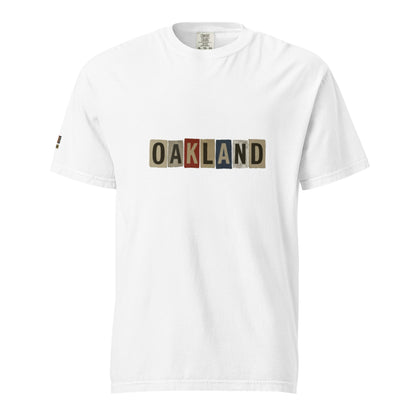 white Oakland-Unisex garment-dyed heavyweight t-shirt with multicolor block lettering on front
