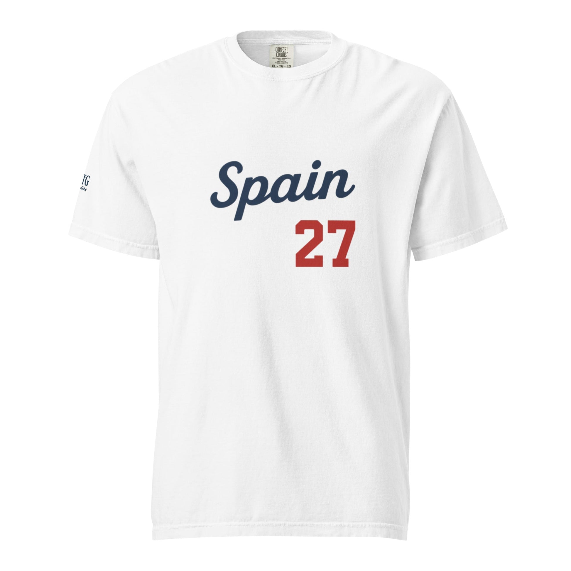 Spain-Unisex garment-dyed heavyweight white t-shirt with Spain 27 print, made of 100% ring-spun cotton, breathable and durable design