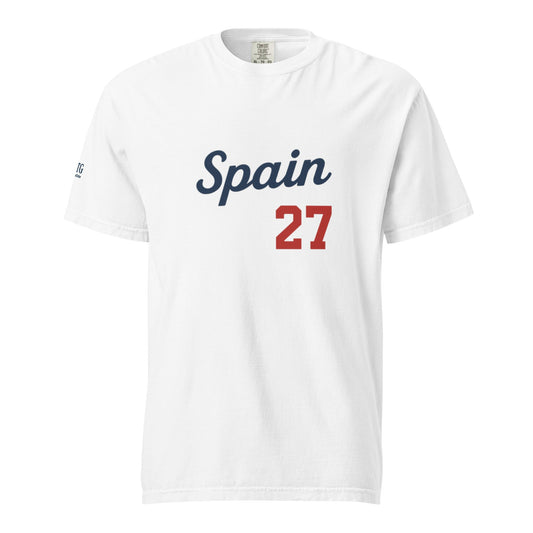 Spain-Unisex garment-dyed heavyweight white t-shirt with Spain 27 print, made of 100% ring-spun cotton, breathable and durable design