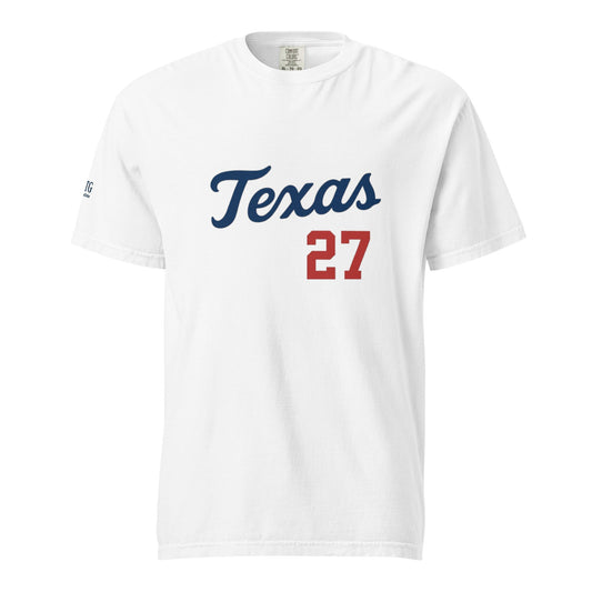 White Texas-Unisex garment-dyed heavyweight t-shirt with "Texas 27" printed on front in navy and red