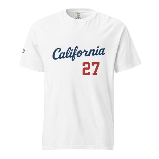 White California-Unisex garment-dyed heavyweight t-shirt with navy script and red number 27 design