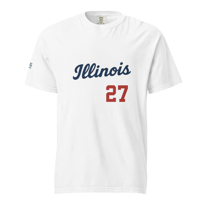 Illinois-Unisex garment-dyed heavyweight white t-shirt with Illinois text and number 27 print