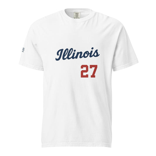 Illinois-Unisex garment-dyed heavyweight white t-shirt with Illinois text and number 27 print