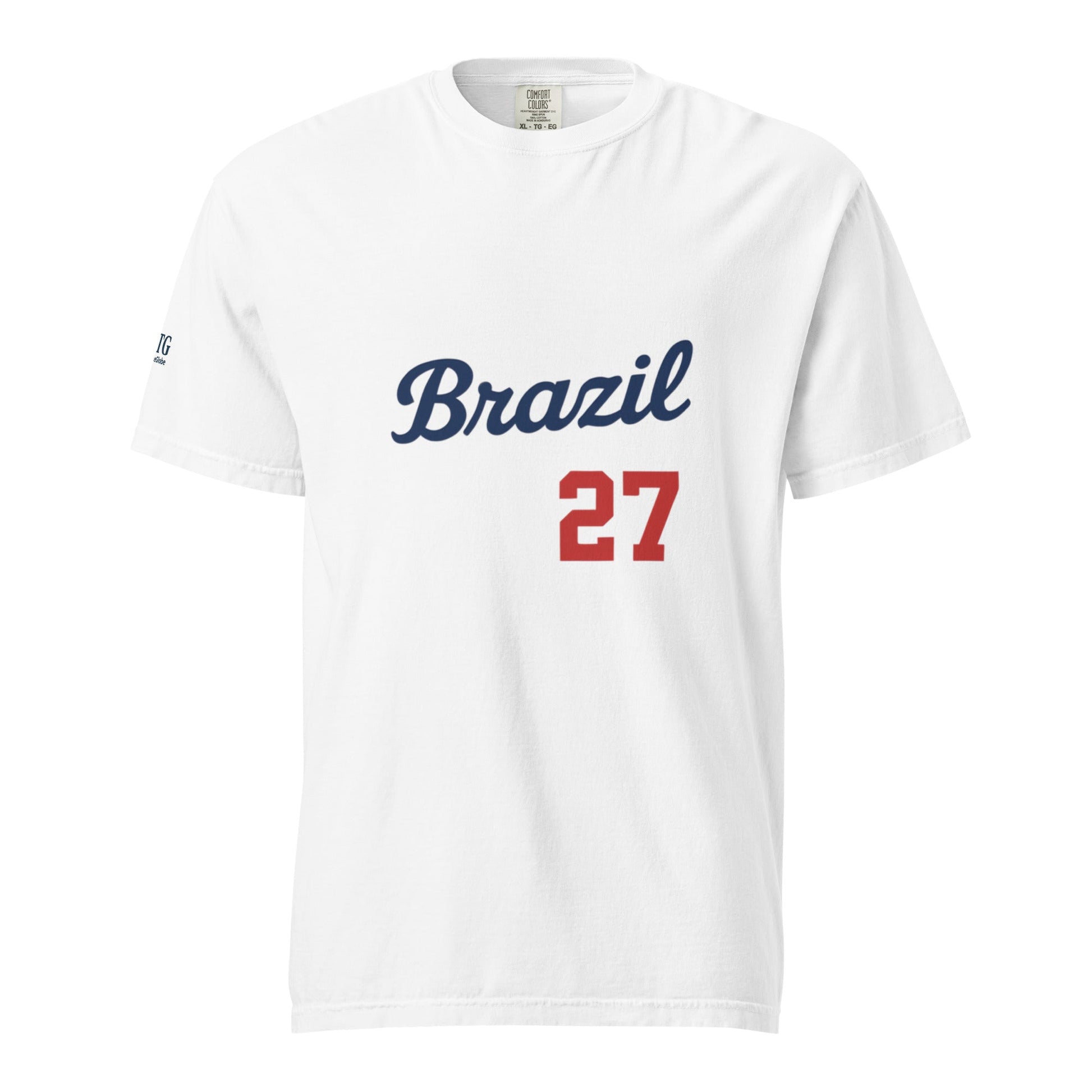 White Brazil-Unisex garment-dyed heavyweight t-shirt with blue "Brazil" text and red number 27 on front