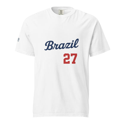 White Brazil-Unisex garment-dyed heavyweight t-shirt with blue "Brazil" text and red number 27 on front