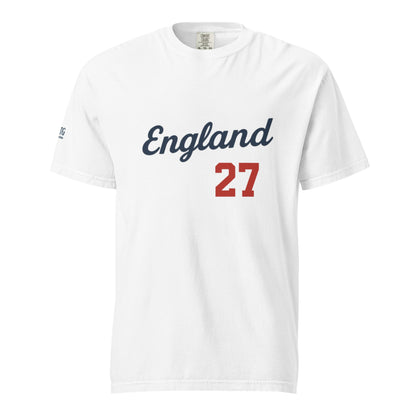White England-Unisex garment-dyed heavyweight t-shirt with navy text and red number 27, made of 100% ring-spun cotton, relaxed fit, durable double-needle stitching.