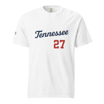 Tennessee-Unisex garment-dyed heavyweight white t-shirt with navy "Tennessee" text and red number 27, made of 100% ring-spun cotton, breathable and durable.