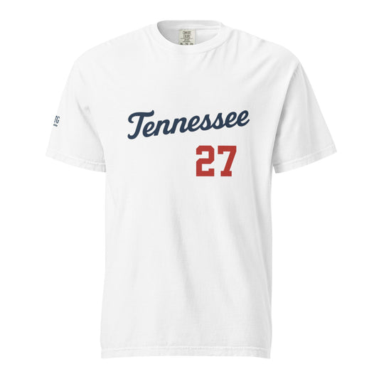 Tennessee-Unisex garment-dyed heavyweight white t-shirt with navy "Tennessee" text and red number 27, made of 100% ring-spun cotton, breathable and durable.