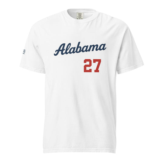 White Alabama-Unisex garment-dyed heavyweight t-shirt with navy script and red number 27 design