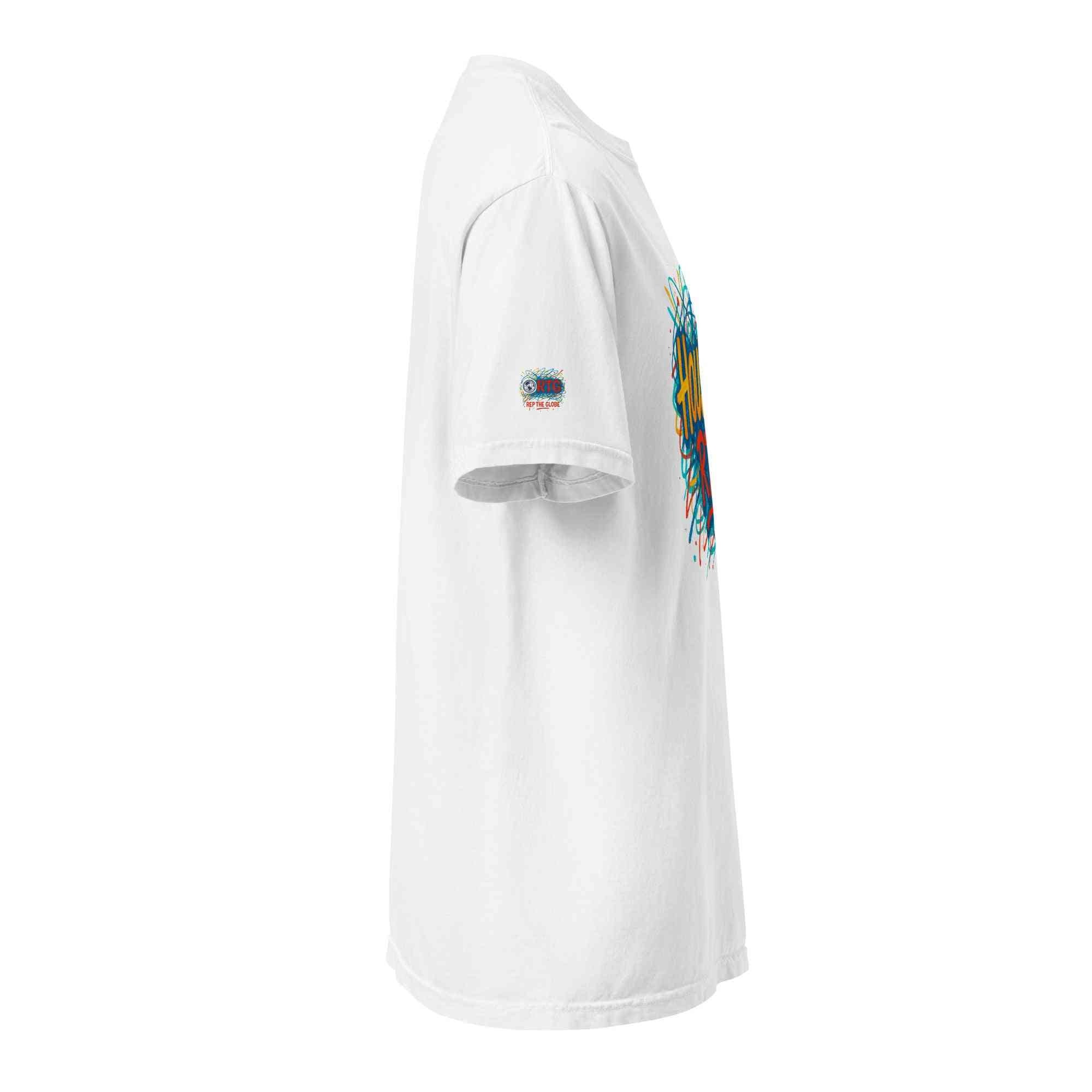 White Houston-Unisex garment-dyed heavyweight t-shirt side view with colorful graphic on chest and small emblem on sleeve