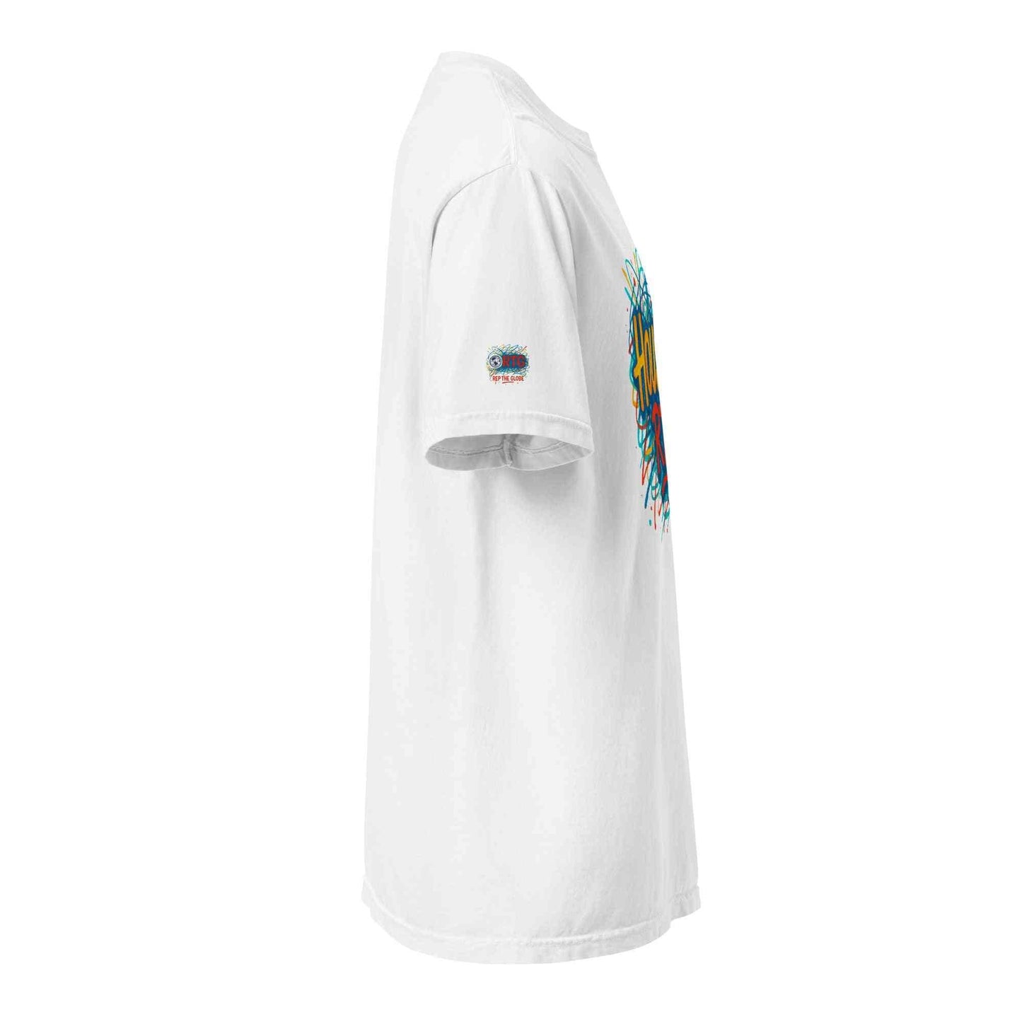 White Houston-Unisex garment-dyed heavyweight t-shirt side view with colorful graphic on chest and small emblem on sleeve