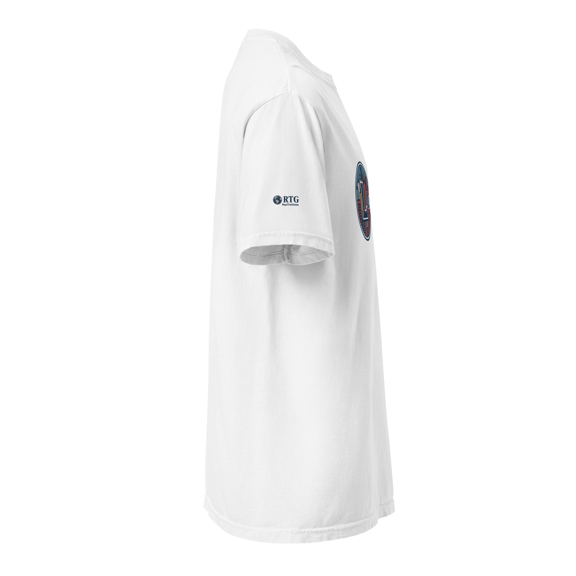 Lexington-Unisex white heavyweight garment-dyed t-shirt side view with logo on sleeve and chest