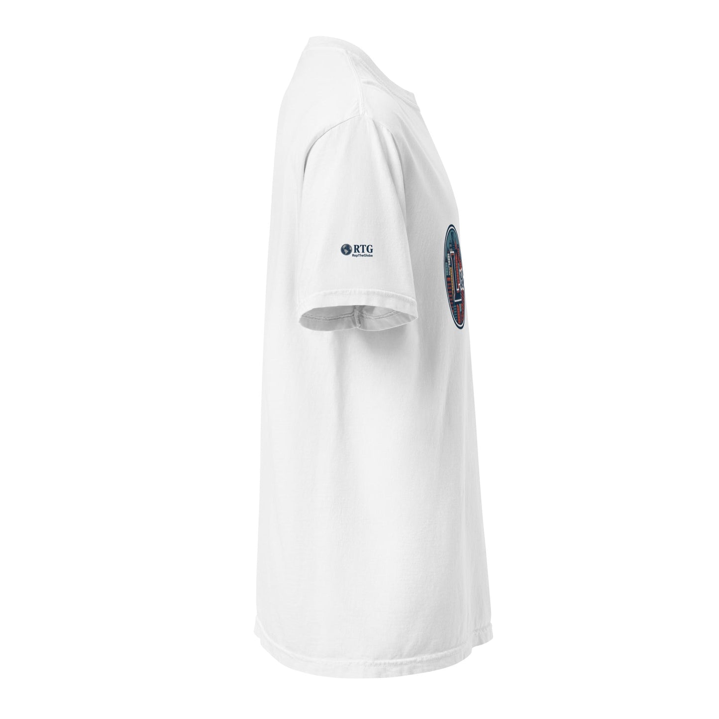 Los Angeles-Unisex garment-dyed heavyweight white t-shirt side view with logo on sleeve and chest, 100% ring-spun cotton breathable fabric
