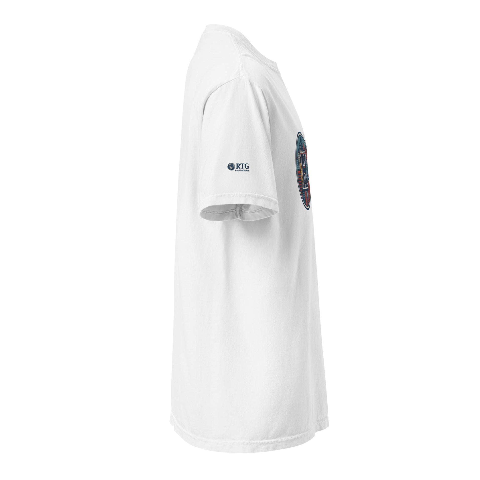 Houston-Unisex garment-dyed heavyweight white t-shirt side view with logo on sleeve and chest