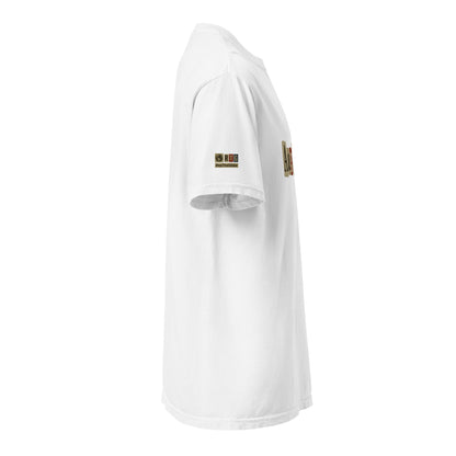 White Augusta-Unisex garment-dyed heavyweight t-shirt side view with short sleeves and logo patch on sleeve