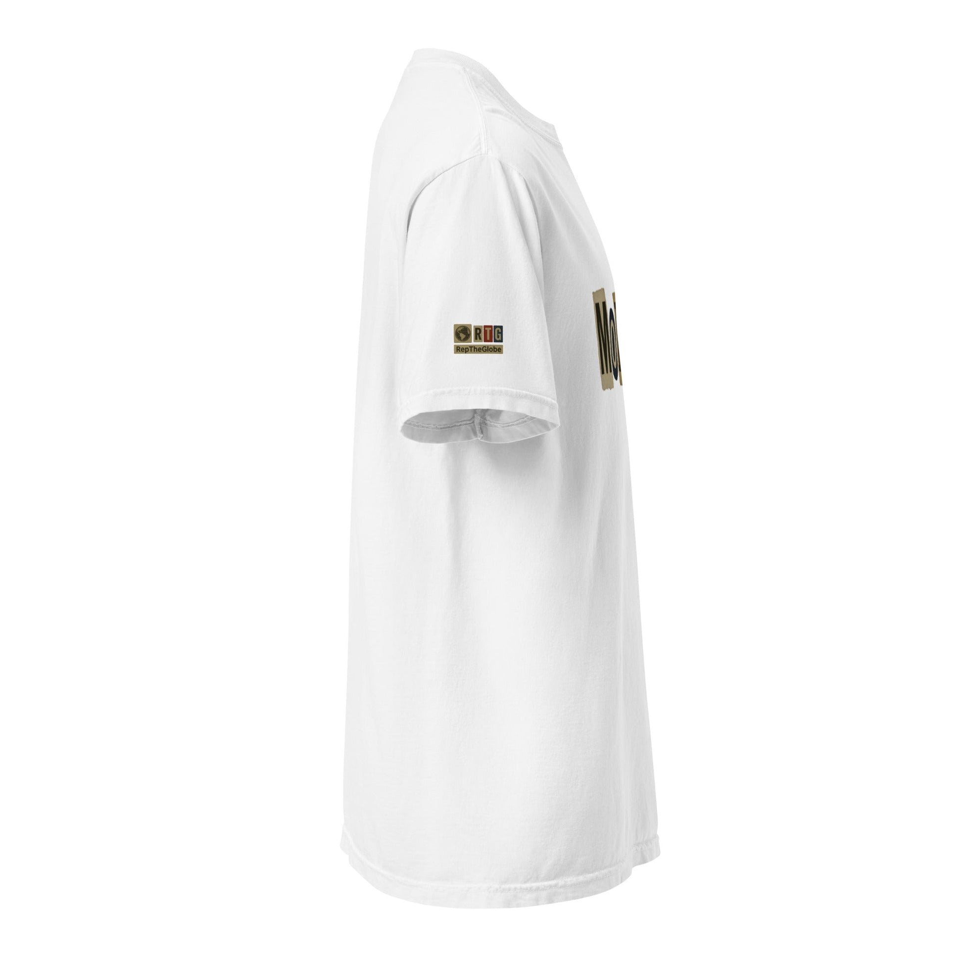 Side view of white Mobile-Unisex garment-dyed heavyweight t-shirt made of 100% ring-spun cotton with relaxed fit and durable double-needle stitching