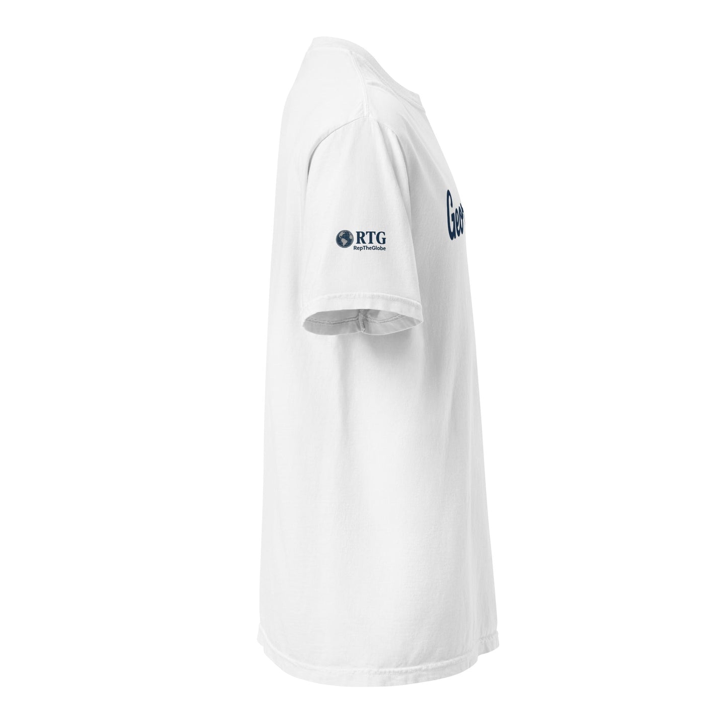 Side view of white Georgia-Unisex garment-dyed heavyweight t-shirt made of 100% ring-spun cotton with RTG logo on sleeve