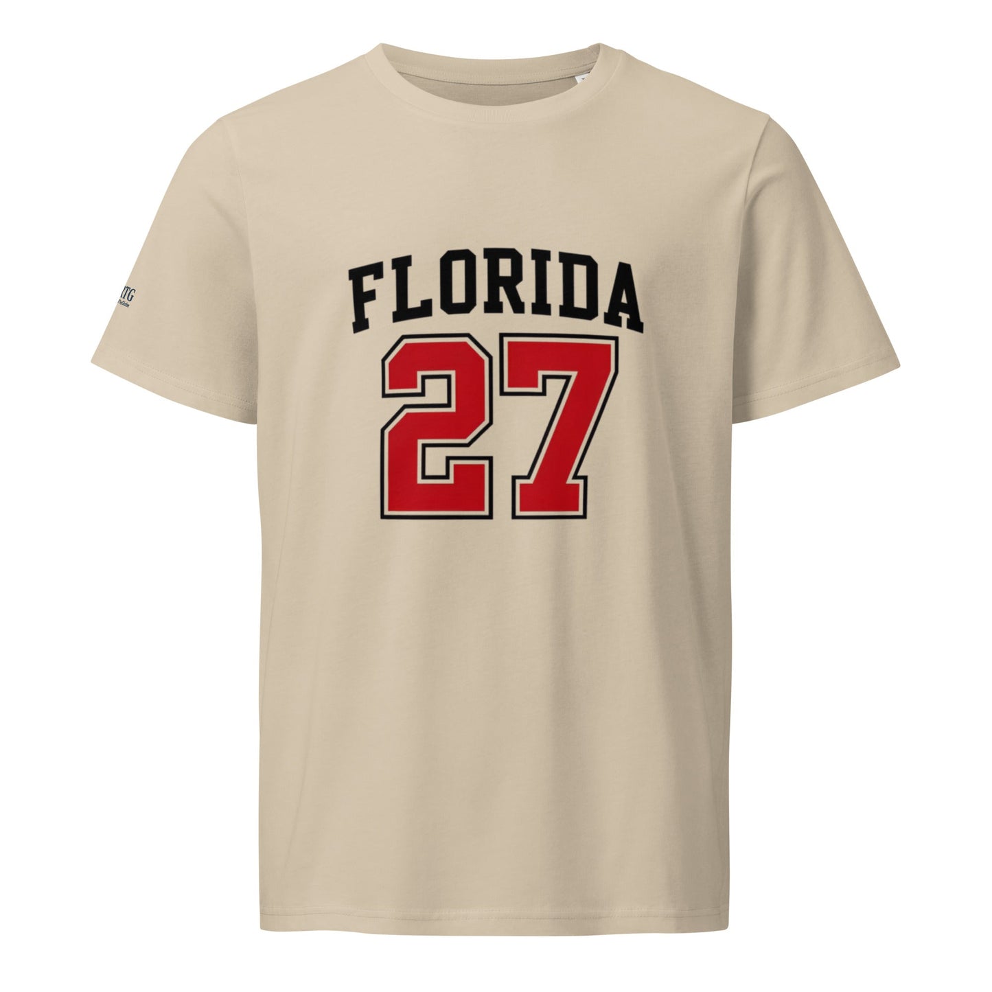 Florida-Unisex organic mid-light t-shirt beige with black "FLORIDA" text and red number "27" front print