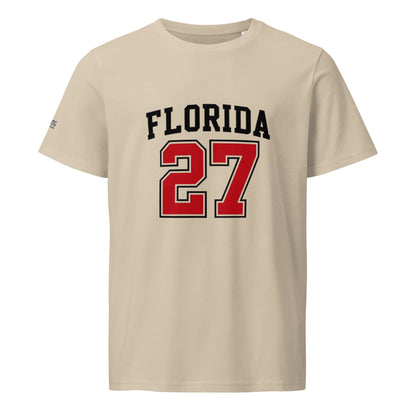 Florida-Unisex organic mid-light t-shirt beige with black "FLORIDA" text and red number "27" front print