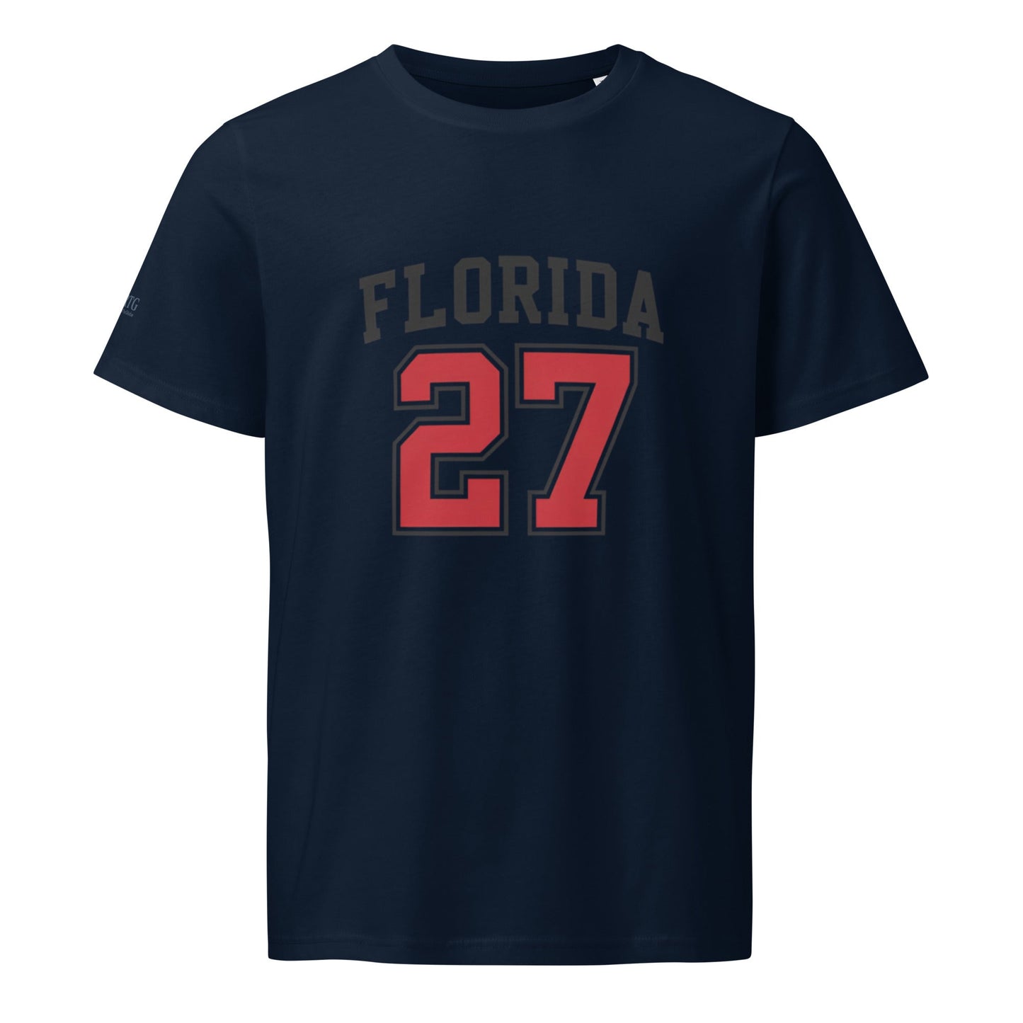Florida-Unisex organic mid-light t-shirt navy with red 27 print, 100% organic cotton, regular fit, eco-friendly design