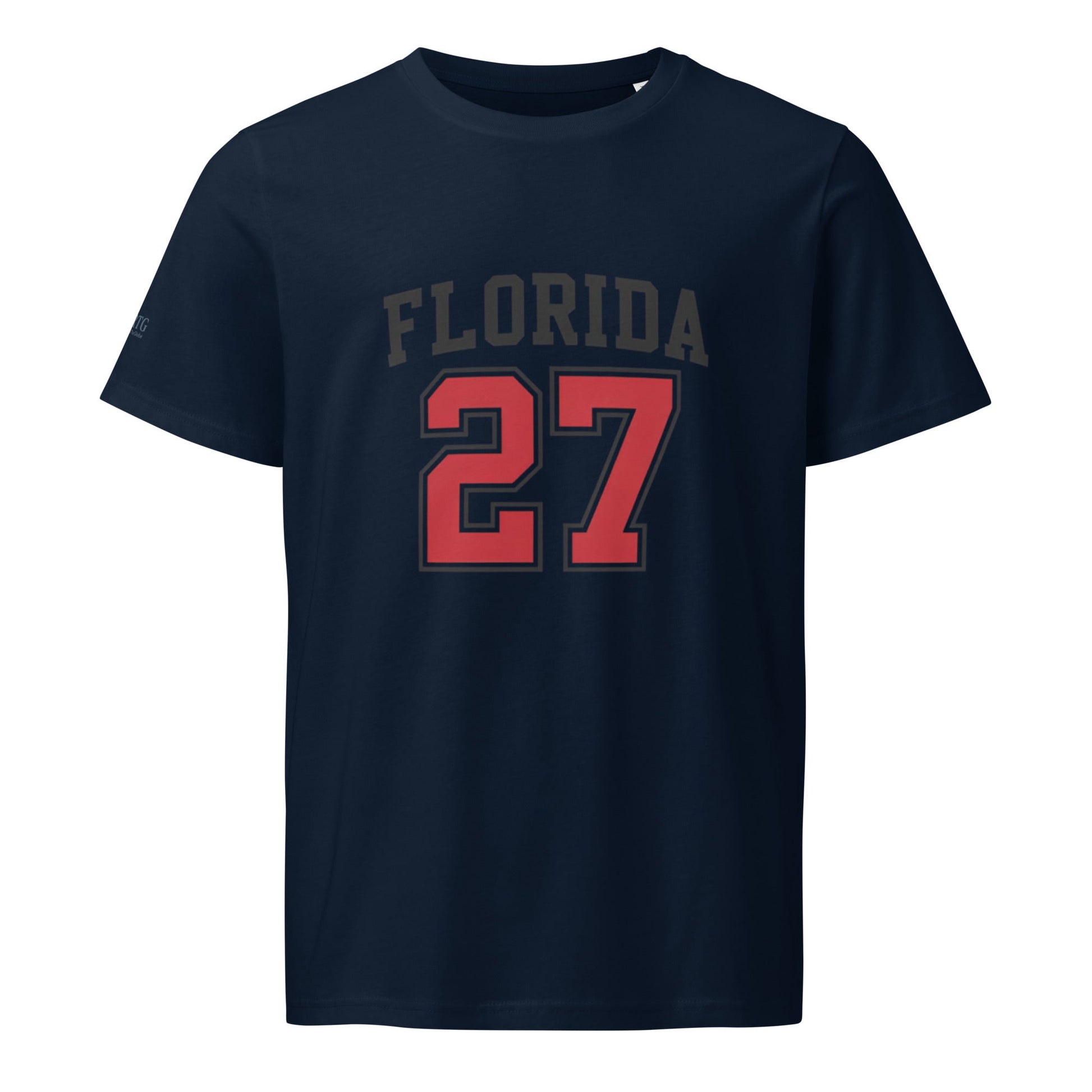 Florida-Unisex organic mid-light t-shirt navy with red 27 print, 100% organic cotton, regular fit, eco-friendly design