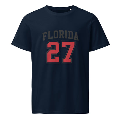 Florida-Unisex organic mid-light t-shirt navy with red 27 print, 100% organic cotton, regular fit, eco-friendly design