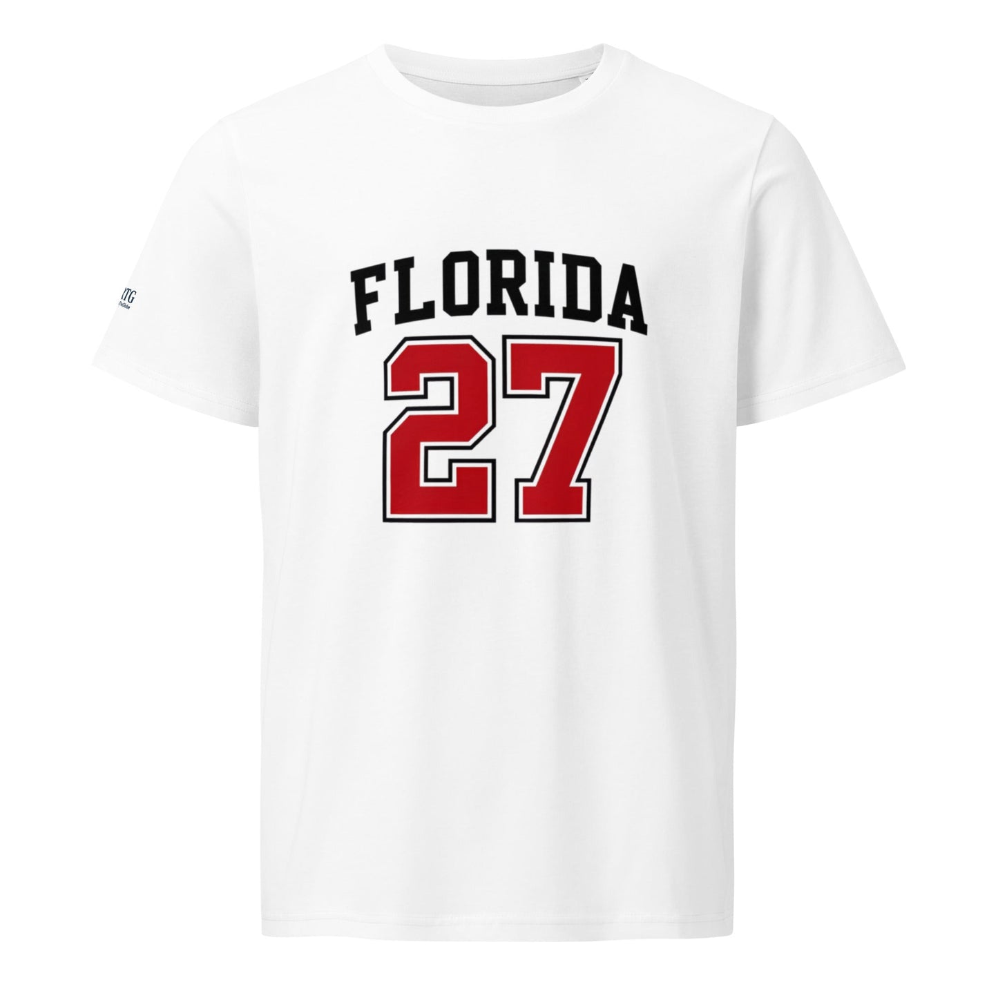 White Florida-Unisex organic mid-light t-shirt with black "FLORIDA" text and red number 27 on front, made of 100% organic cotton